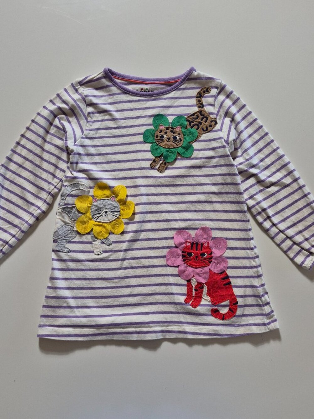 Mini Boden Girls 6-7Y Cat Flower Applique Jersey Tunic Dress Purple Striped